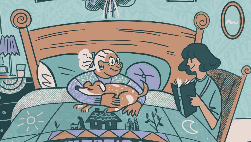 artist image of older woman in bed with dog napping in her arms and smiling at younger woman sitting bedside and reading a book